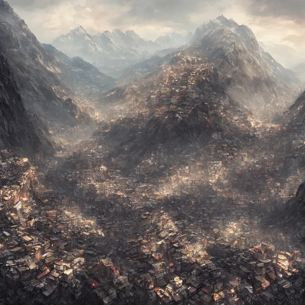 Prompt: a huge city slum on the side of a massive mountain by Greg Rutkowski, Sung Choi, Mitchell Mohrhauser, Maciej Kuciara, Johnson Ting, Maxim Verehin, Peter Konig, final fantasy , 8k photorealistic, cinematic lighting, HD, high details, atmospheric , trending on artstation