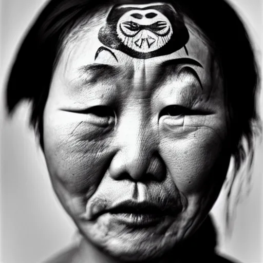 Image similar to grizzled young chinese woman with tribal face tattoos and facial hair, black & white, richard avedon, 5 0 mm, grainy, low light