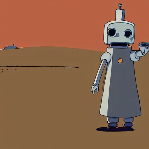 Prompt: a study of cell shaded cartoon of a grey robot from howl's moving castle ( 2 0 0 4 ) pointing a pistol at a preacher on a desert road, full body, wide shot, very muted colors, post grunge, studio ghibli, laurie greasley, highly detailed, deviantart, art by artgem