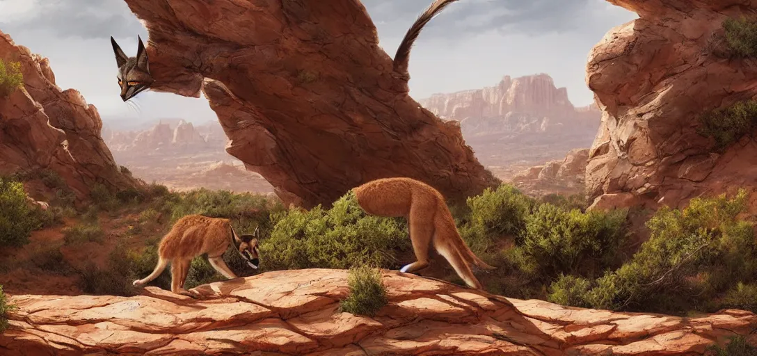 Image similar to cute caracal in beautiful utah desert, rock arcs, lush vegetation, landscape, alex ross, eddie mendoza, raphael lacoste, sebastian ludke, concept art, matte painting, highly detailed, rule of thirds, dynamic lighting, cinematic, detailed, magnificiant landscape, denoised