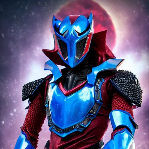 Image similar to High Fantasy Kamen Rider, blue armor with red secondary color, 4k, glowing eyes, daytime, rubber undersuit with chainmail texture, dragon inspired armor