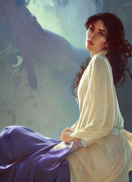 Image similar to julia regza wearing a silk robe, digital painting, artstation, concept art, sharp focus, illustration, art by artgerm and greg rutkowski and alphonse mucha