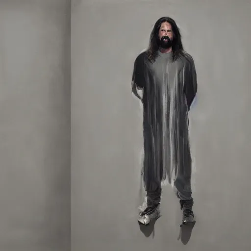 Image similar to a full body lookbook portrait of modern - day jesus wearing grey yeezy and fear of god menswear collection by nicola samori, detailed, oil painting, hyper - realistic, 8 k, yeezy collection