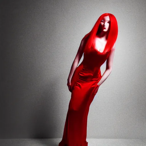 Prompt: Red-haired robot woman, she stands in a red satin dress, models apply makeup 16:9