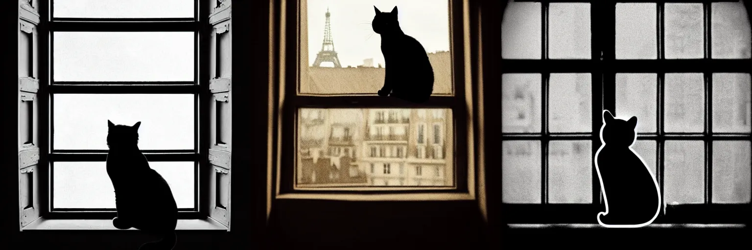 Prompt: a tintype photograph of cat sitting in a window, paris skyline, silhouette, victorian, gothic, highly detailed, cinematic lighting, 8 k, hd