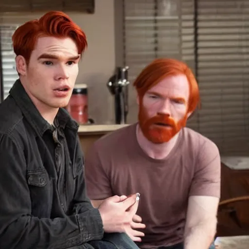 Prompt: redhead kj apa with walter white, still from breaking bad