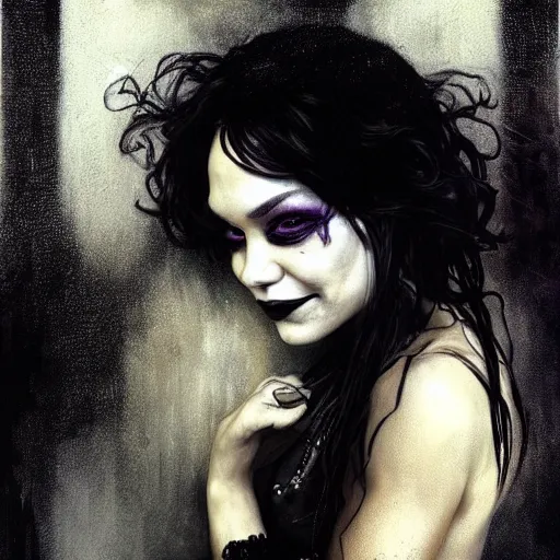 Image similar to beautiful portrait of vanessa hudgens as death from sandman, smiling, by cedric peyravernay, alphonse mucha, by jeremy mann, by lecouffe deharme, goth chic, soft lightning, eyeliner, punk rock, high detailed, 8 k