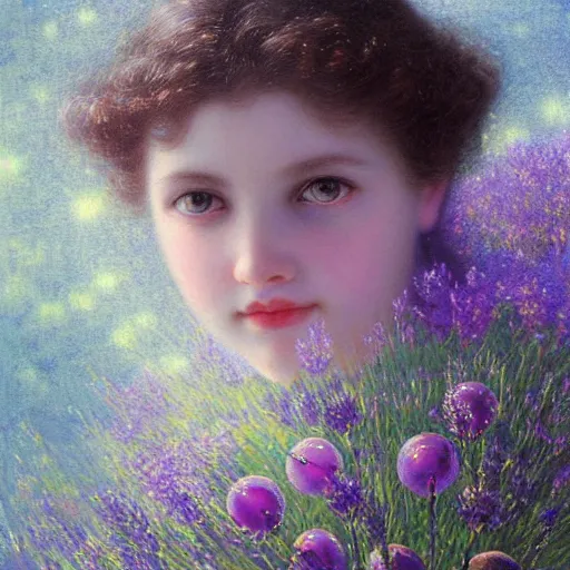 Image similar to a girl with three eyes on 5 translucent luminous spheres, full of floral and berry fillings, in an ocean of lavender color by edward robert hughes, henry justice ford