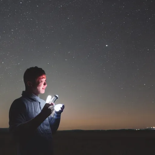 Image similar to man holding a bright flashlight at night