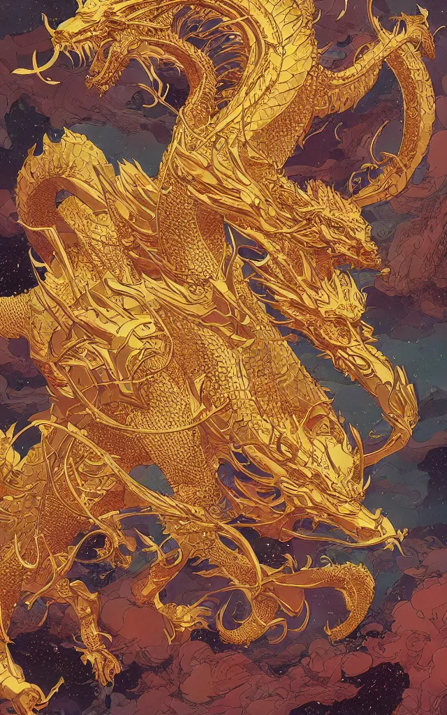 Prompt: the golden dragon ， by victo ngai, andreas rocha, john harris and feng zhu and loish and laurie greasley,