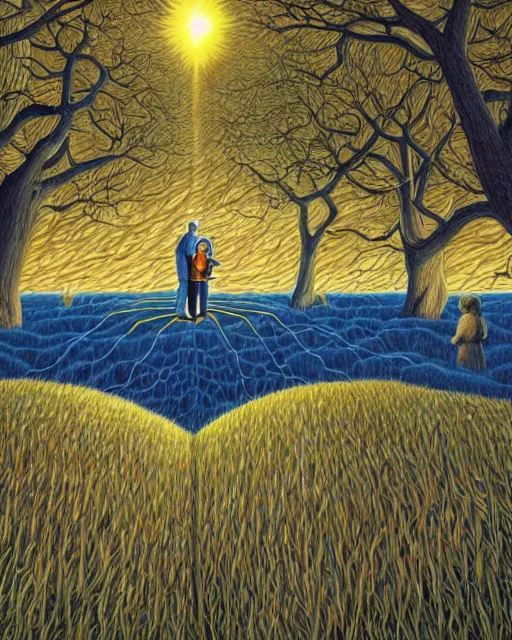 Image similar to in a field, two scientists in lab coats encounter a monster shaped like the DNA double helix, stormy weather, by Rob Gonsalves, dark