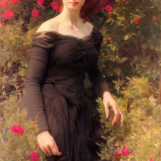 Image similar to detailed portrait of lilly collins in black clothes, spring light, painting by gaston bussiere, craig mullins, j. c. leyendecker