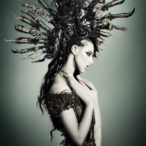 Image similar to a portrait of female model by stefan geselle, nekro borja and peter kemp, dark fantasy, ornate headpiece, dark beauty, photorealistic, canon r 3, photography