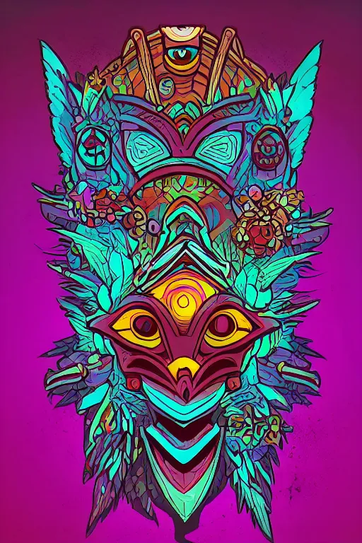 Image similar to totem animal mask tribal feather gemstone plant wood rock shaman vodoo video game vector cutout illustration vivid color borderlands comics by josan gonzales and dan mumford radiating a glowing aura