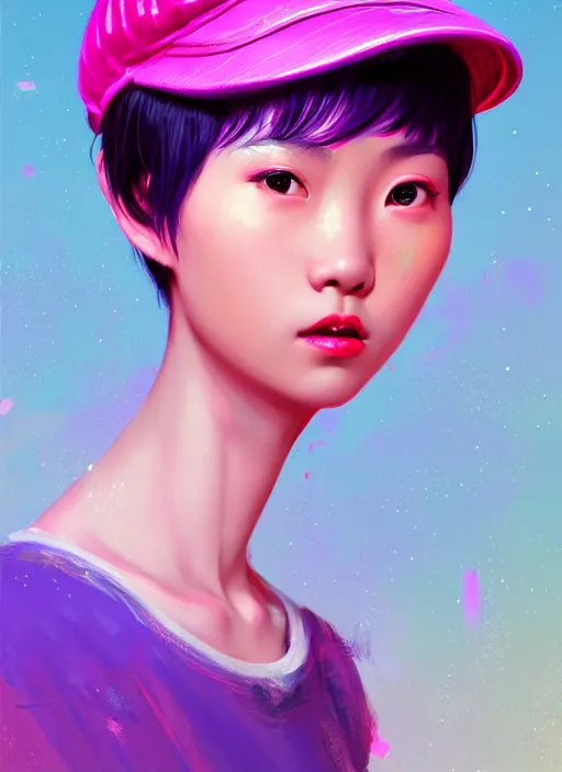 Image similar to portrait of chinese girl with bright pink hair, curly pixie cut hair, wearing a purple cap, breton cap, intricate, elegant, glowing lights, highly detailed, digital painting, artstation, concept art, smooth, sharp focus, illustration, art by wlop, mars ravelo and greg rutkowski