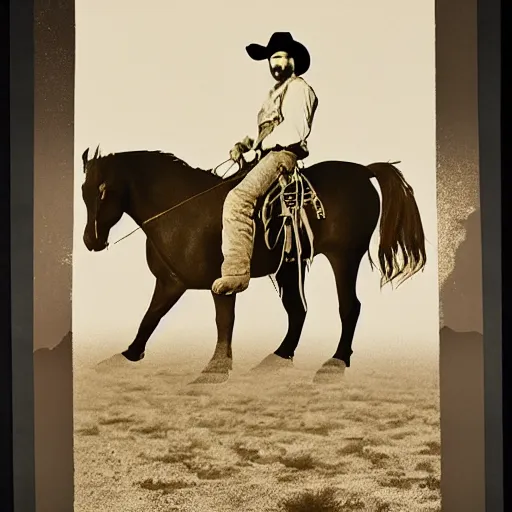 Prompt: transparent siluette of a cowboy outlaw sitting on a horse. serigraph. screen - printed on top of a photograph. sun - bleached highlights. sanded surface in soft colors