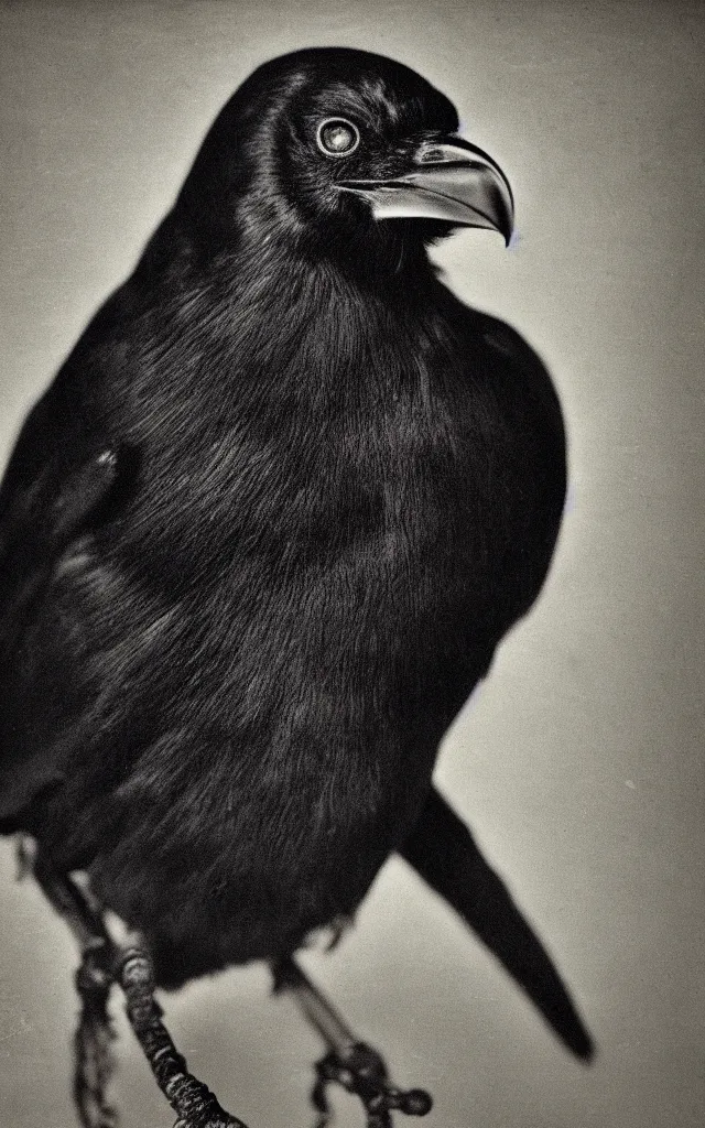 Image similar to portrait of a crow human hybrid mutant, daguerreotype, studio lighting, hyperrealistic, ultra detailed