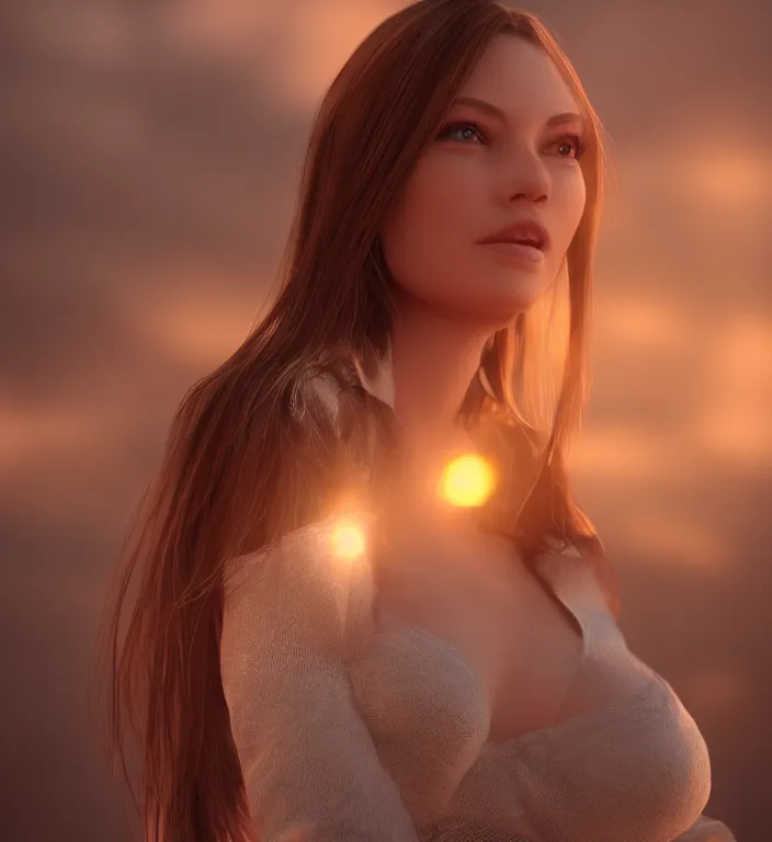 Image similar to centered waist up portrait of an angel, bokeh + DOF + 8k, photorealistic + rendered in unreal engine + ultra realistic + backlit + strong rimlight, sunset + HDRI, HD, Photoreal , trending on artstation