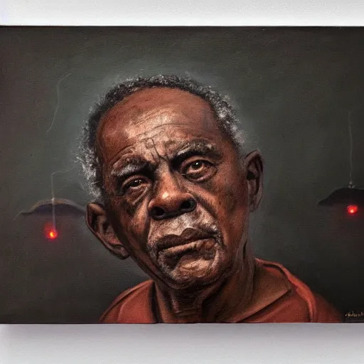 Image similar to a painting of a elder man by Lynette Yiadom-Boakye . dramatic angle, ethereal lights, details, smooth, sharp focus, illustration, realistic, cinematic, artstation, award winning, rgb , unreal engine, octane render, cinematic light, macro, depth of field, blur, red light and clouds from the back, highly detailed epic cinematic concept art CG render made in Maya, Blender and Photoshop, octane render, excellent composition, dynamic dramatic cinematic lighting, aesthetic, very inspirational, arthouse.