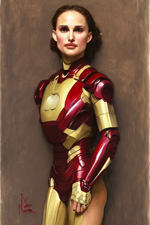 Prompt: elegant portrait of natalie portman as iron man by greg manchess, mucha, william adolphe bouguereau, john singer sargent, nick alm, sorolla,