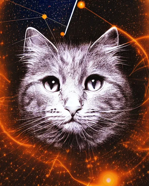 Prompt: highly detailed high resolution stacked plot of radio emissions from a pulsar, abstracted light refractions and stripy interference, making up a fluffy cat isolated on black, silk screen t-shirt design 4K