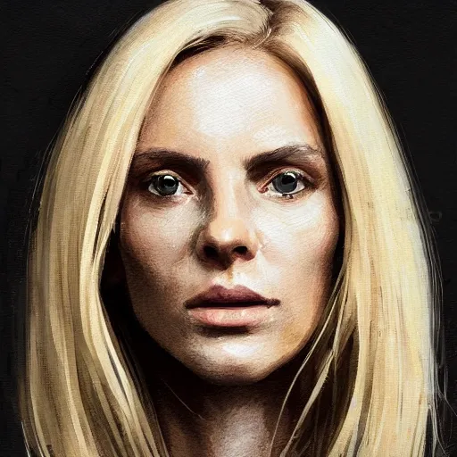 Image similar to Portrait of a woman by Greg Rutkowski, she is about 40 years old, pretty, blond hair with two strans around her face, slavic features, melancholic gaze, pretty aquiline nose, affectionate mom vibes, she is wearing a white and black utilitarian jumpsuit, highly detailed portrait, digital painting, artstation, concept art, smooth, sharp foccus ilustration, Artstation HQ.