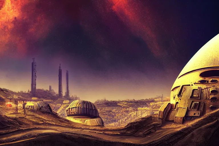 Prompt: favela spaceship cathedral bunker, desert environment, industrial factory, cliffs, bright, milky way, award winning art, epic dreamlike fantasy landscape, ultra realistic,