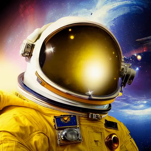 Image similar to astronaut in space, galactic background reflections on suit on one side and a yellow planet on the other side