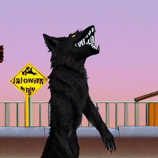 Prompt: a werewolf howling, standing next to a conveyor belt