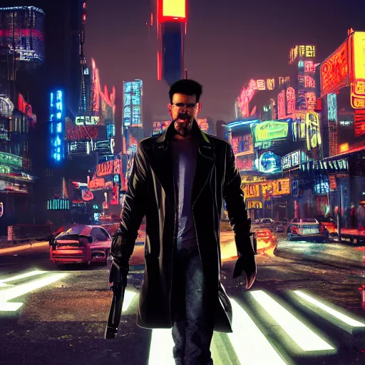 Image similar to a matte painting of a man in a black leather coat holding a gun to the sky in the middle of a cyberpunk city, night, neon lights,