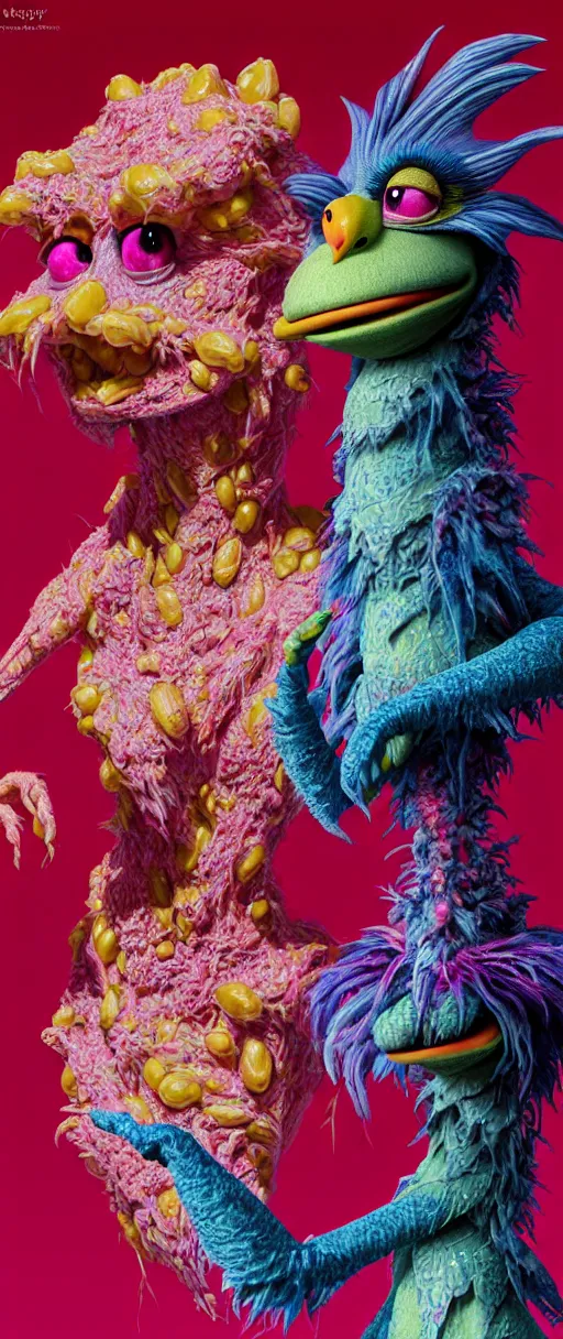 Image similar to hyper detailed 3d render like a Oil painting - kawaii portrait of two Aurora (a beautiful skeksis muppet fae princess protective playful expressive from dark crystal that looks like Anya Taylor-Joy) seen red carpet photoshoot in UVIVF posing in scaly dress to Eat of the Strangling network of yellowcake aerochrome and milky Fruit and His delicate Hands hold of gossamer polyp blossoms bring iridescent fungal flowers whose spores black the foolish stars by Jacek Yerka, Ilya Kuvshinov, Mariusz Lewandowski, Houdini algorithmic generative render, Abstract brush strokes, Masterpiece, Edward Hopper and James Gilleard, Zdzislaw Beksinski, Mark Ryden, Wolfgang Lettl, hints of Yayoi Kasuma and Dr. Seuss, octane render, 8k