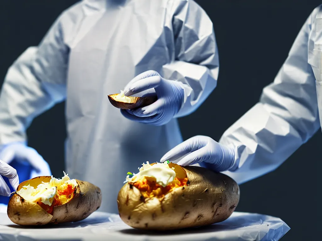 Image similar to surgeon operating on a baked potato, science fiction industrial hard science concept art, 8K render octane high definition cgsociety, photorealistic, unreal engine