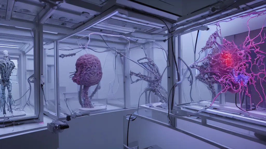 Prompt: a complex bifurcated robotic cnc surgical arm cybernetic symbiosis hybrid mri 3 d printer machine making organic ceramic fractal forms by wayne barlowe and beeple in the glass room laboratory with control panels, scientists, film still from the movie directed by denis villeneuve with art direction by wayne barlowe and salvador dali, wide lens, f 3 2,