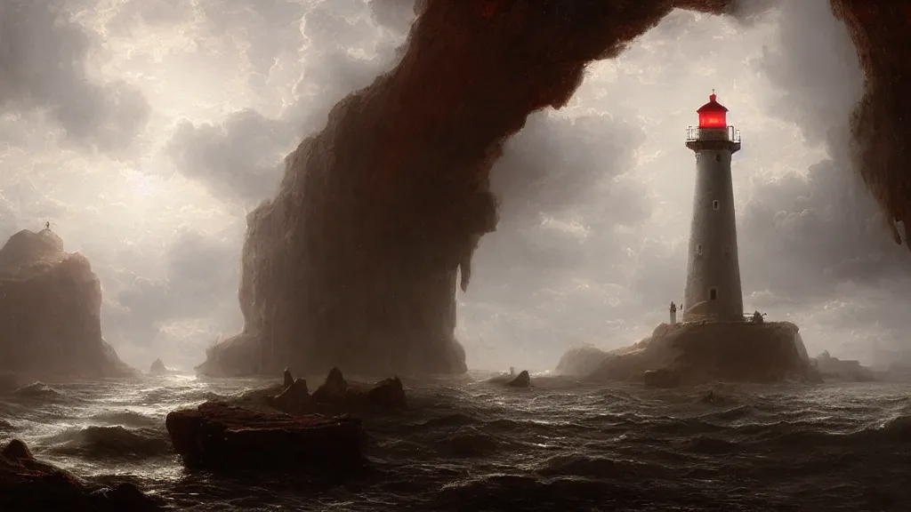 Image similar to red lighthouse in the cave, andreas achenbach, artgerm, mikko lagerstedt, zack snyder, tokujin yoshioka