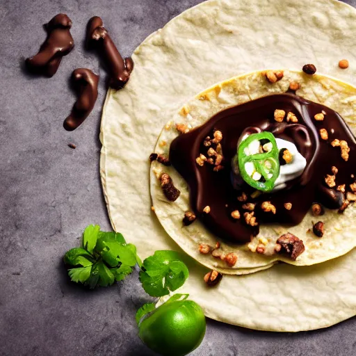 Prompt: dslr food photograph of taco with poop in it, chocolate sauce, 8 5 mm f 1. 4