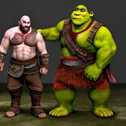 Image similar to kratos standing next to shrek, highly detailed, high quality, hd, 4 k, 8 k, canon 3 0 0 mm, professional photographer, 4 0 mp, lifelike, top - rated, award winning, realistic, sharp, no blur, edited, corrected, trending