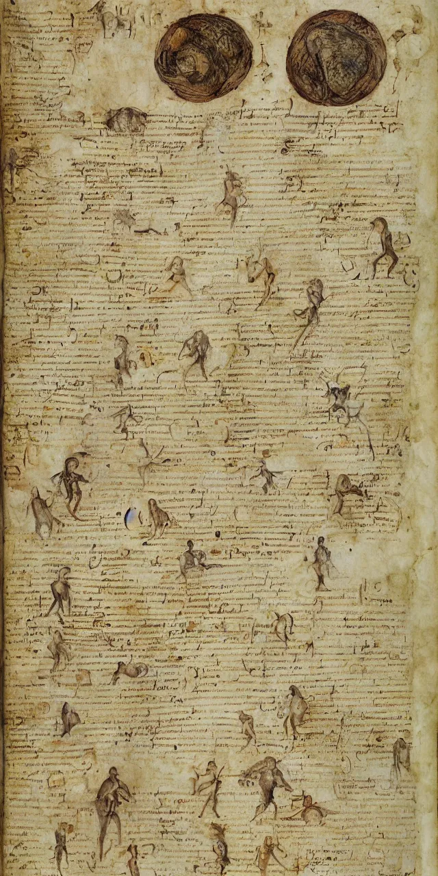 Prompt: an open page of the voynich manuscript, depicting a digital painting of human evolution by da vinci, paper texture, extremely detailed, professional, hand written notes, epic, full colors