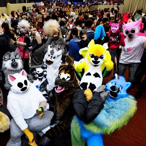 Prompt: A photograph taken at a furry convention of fursuiters having fun