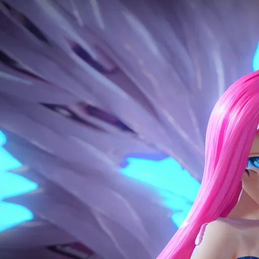 Prompt: taken from an extremely low angle at her feet, stunningly beautiful omnipotent anime goddess with pink hair and mesmerizing cyan eyes, unreal engine 5, 8 k