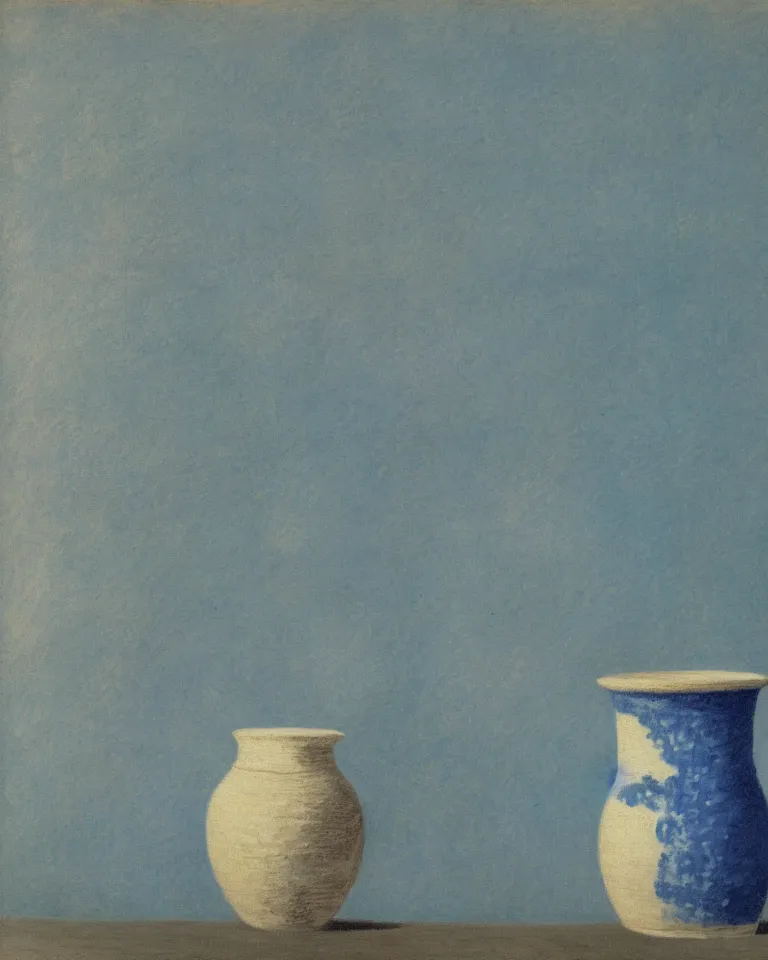 Prompt: achingly beautiful print of solitary painted ancient greek pottery on baby blue background by rene magritte, monet, and turner.