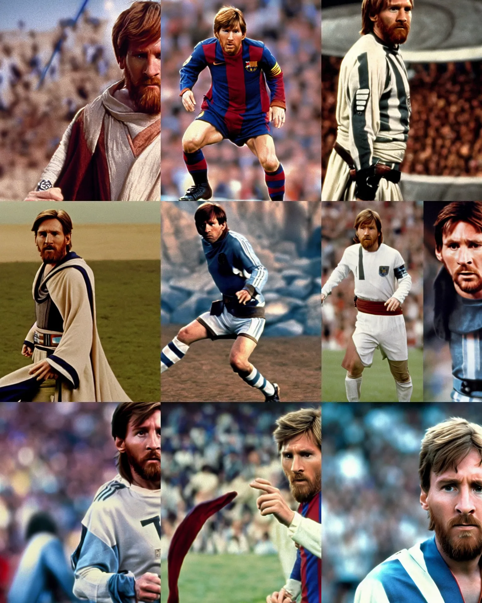 Prompt: Lionel Messi as Obi-Wan Kenobi in Star wars (1977) cinemascope and technicolor