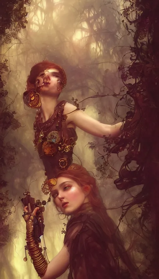 Image similar to hyper realistic photographer taking a picture, magical, gems, jewels, gold, steampunk, cyberpunk, painted by tom bagshaw, mucha, gaston bussiere, craig mullins, j. c. leyendecker 8 k