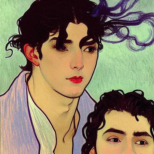 Image similar to painting of young cute handsome beautiful dark medium wavy hair man in his 2 0 s named shadow taehyung and cute handsome beautiful min - jun together at the halloween! party, bubbling cauldron!, candles!, smoke, autumn! colors, elegant, wearing suits!, clothes!, delicate facial features, art by alphonse mucha, vincent van gogh, egon schiele