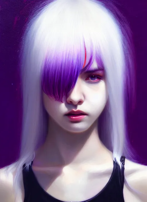 Image similar to hair whitebangs hair, black hair, whitebangs, portrait of teenage girl with white bangs, red irises, purple clothes, white bangs, bangs are different color from hair, intricate, elegant, glowing lights, highly detailed, digital painting, artstation, concept art, smooth, sharp focus, illustration, art by wlop, mars ravelo and greg rutkowski