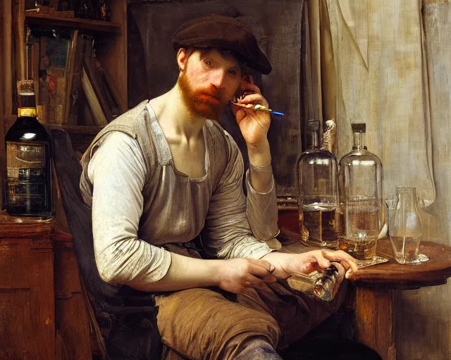 Image similar to an exhausted painter in his studio with a whiskey bottle by edgar maxence and caravaggio, intricate painting, hyper realistic, extremely detailed and beautiful aesthetic face, 8 k resolution