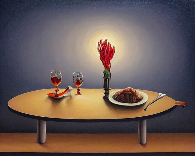 Image similar to a painting of the concept of joy on a table at night, ultrafine detailed painting by rafal olbinski, behance contest winner, pop surrealism, detailed painting, very detailed, minimalist, skeuomorphic, airbrush art