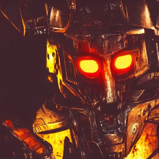 Image similar to closeup of mecha with surface of cutlery, dark messy smoke - filled cluttered workshop, dark, dramatic lighting, orange tint, cinematic, highly detailed, sci - fi, futuristic, movie still from blade runner