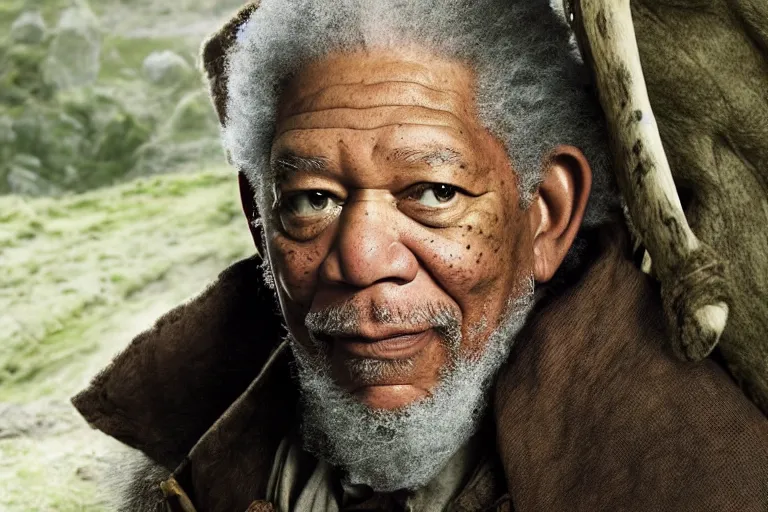 Prompt: promotional image of Morgan Freeman as Bilbo Baggins in The Hobbit: An Unexpected Journey (2012) directed by Peter Jackson, movie still, promotional image, imax 70 mm footage