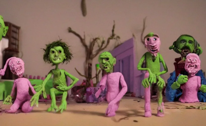 Prompt: a scene from a claymation horror movie