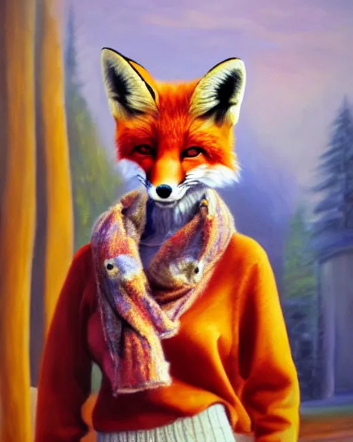 Prompt: oil painting portrait of anthropomorphic female fox animal dressed in sweater and scarf, fox animal, movie studio in background, location movie studio, oil painting,